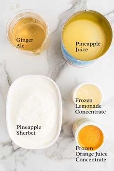 ingredients for pineapple juice in small bowls on a marble countertop with the words pineapple juice and pineapple juice