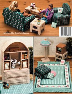 two dolls sitting on couches in front of a doll house with furniture and accessories