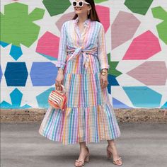 Nwt Rainbow Gingham Dress Faux Wrap Spring Plaid Midi Dress For Day Out, Plaid Midi Maxi Dress For Spring, Plaid Midi Length Maxi Dress For Spring, Spring Midi-length Plaid Dress For Day Out, White Plaid Dress For Spring Day Out, Spring Daywear Plaid Dress, Spring Gingham Maxi Dress For Brunch, Rainbow Gingham, Pink Floral Print Dress