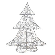 a wire christmas tree with white lights on the top and bottom, against a white background