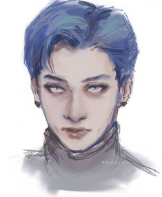 a drawing of a man with blue hair