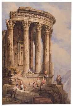 a painting of people sitting on steps in front of an old building with columns and pillars