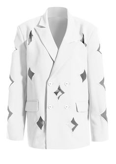 White Blazer with Diamond Cutouts Look sleek and luxurious in the White Blazer with Diamond Cutouts, crafted with an oversized fit. This white set puts a contemporary spin on classic chic, perfect for those who appreciate modern quality and a timelessly stylish silhouette. Combine with our White Pants with Diamond Cutouts. Composition: 65% Cotton, 35% Polyester. Sizes: XXS-S. SIZE CHART 100% PERFECT FIT GUARANTEE You only need to provide us with your height, weight, collar, bust, waist, and hips Spring Party Blazer With Modern Style, Modern Spring Party Blazer, White Tailored Blazer For Night Out, Tailored White Blazer For Night Out, Tailored White Blazer For A Night Out, Modern White Office Blazer, Trendy White Office Blazer, White Blazer For Night Out In Fall, Modern White Blazer For Spring