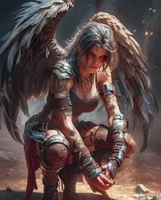 a woman kneeling down with wings on her chest