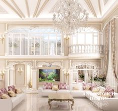 a large living room with white furniture and chandelier