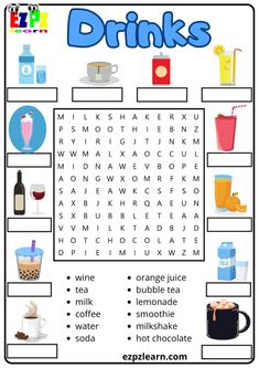 a printable drink word search is shown with drinks and beverages in the bottom left corner