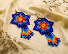 Handmade Dangle Earring Unique Multicolor Flower Earrings Gift, Unique Handmade Blue Flower Earrings, Colorful Beads Flower-shaped Earrings For Gift, Colorful Beaded Flower-shaped Earrings For Gifts, Colorful Beaded Flower-shaped Earrings As Gift, Colorful Dangle Earrings For Gift, Handmade Colorful Flower Earrings For Gift, Blue Flower Beaded Earrings For Gift, Unique Handmade Multicolor Flower Earrings