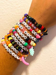 Custom Kandi bracelets! Rave Candies Bracelets, Funny Rave Bracelets, Kandi Bracelets Edc, Rave Beads Bracelets, Candi Ideas Rave, Kandi Sayings Rave, Kandi Nails, Korn Bracelets, Rave Kandi Bracelets Ideas