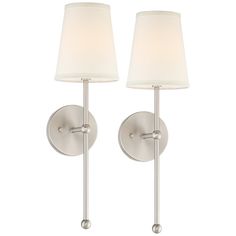 Reimagine your living space with this set of two elegant brushed nickel wall sconces. From the Possini Euro Design collection, this sconce is a stylish choice to bring ambient illumination to a living space or entryway. Washed in a beautiful brushed nickel finish, this it's completed by a lovely cream linen shade. Brushed Nickel Bathroom Fixtures, Powder Room Sconces, Bathroom Fixtures Brushed Nickel, Nickel Light Fixtures, Wall Light Sconces, Room Mirrors, Brushed Nickel Lighting, House Addition, Long Bath