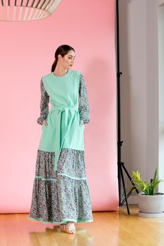 "Everyday Casual Spring Summer Boho Dress with pockets, Mint and Floral Dress Design, Birthday Gift and Birthday Party Dress, Full Maxi Dress, Long Sleeves, Plus size Belted Dress. Elegant Spring and Summer Boho Dress for every day. Suitable for birthdays, garden parties, for boho weddings, formal and informal events. Plus size dresses are available. Dress features: - Maxi Fit Dress - Mint and Floral - Full Maxi Length - Long Sleeves Dress - Collection Spring Summer 2019 This beautiful floral dr Modest Green Spring Maxi Dress, Floral Patchwork Maxi Dress For Garden Party, Long Sleeve Dresses With Floral Patchwork For Spring, Spring Floral Patchwork Long Sleeve Dress, Cotton Long Sleeve Maxi Dress, Modest Long Sleeve Dress For Garden Party, Spring Cotton Maxi Dress, Cotton Long Sleeve Maxi Dress For Garden Party, Long Sleeve Cotton Maxi Dress