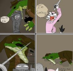 comic panels depicting an alligator being attacked by a person with a knife and other animals