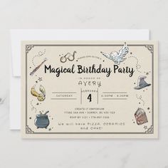 a birthday party card with wizard items on it