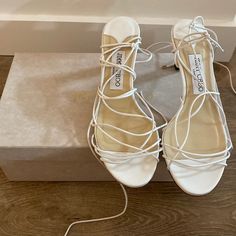 Worn Once (At My Wedding!) Lace Up Jimmy Choo Heels, With Box And Bag. Let Me Know If You Want More Photos. Jimmy Choo Bow Heels Wedding, Jimmy Choo Wedding Shoes Open Toe, Jimmy Choo White Shoes, Jimmy Choo White Sandals, Jimmy Choo White Bow Heels, Heels Aesthetic, Tie Up Heels, Jimmy Choo Heels, White Tie