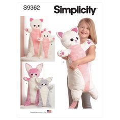 "Simplicity Sewing Pattern S9362 Animal Plush Body Pillows Size: OS (ONE SIZE) Cuddly kitty and chihuahua body pillows have huggable cylinder-shaped bodies with contrast bellies, easy to sew sculpted arms and legs and softly stuffed tails. Large pillows measure 36\" long, small pillows measure 24\" long. Facial features and paws are appliques cut from craft felt and hand embroidered mouths. Pattern is Uncut and Factory Folded. The envelope has light shelf wear SHIPPING: Shipping charges will app Sculpted Arms, Body Pillows, Crafts Sewing Patterns, Animal Sewing Patterns, Butterick Sewing Pattern, Easy To Sew, Simplicity Sewing, Small Pillows, Large Pillows