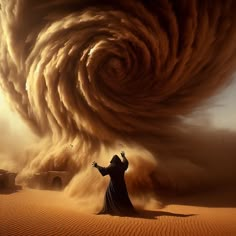 a man standing in the middle of a desert with an enormous storm coming over him