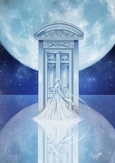 a woman standing in front of an open door with the moon behind her and water below