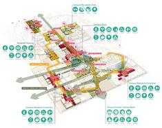 a map shows the locations of various buildings and streets in an area that has many different types