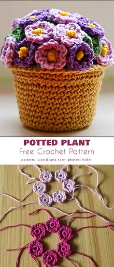 crochet pattern for potted plant with flowers in the center and on the bottom