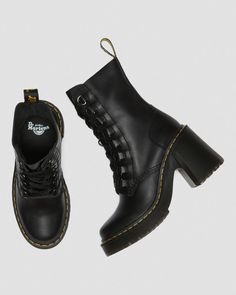 Chesney Leather Flared Heel Lace Up Boots in Black | Dr. Martens Dr Martens Chesney, Doc Martens Heels, Doc Martens Women, Heeled Lace Up Boots, Punk Style Outfits, Trendy Womens Shoes, Eye Silhouette, Trending Womens Shoes, Work Fits