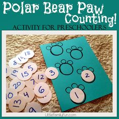 the polar bear paw counting activity for preschoolers is shown with buttons and numbers on it