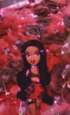 a woman in a red dress is surrounded by money