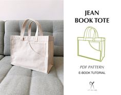 a book tote bag sitting on top of a couch next to an image of a purse