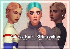 three animated female avatars with text that reads, auburn hair - grimookies