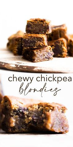 chewy chickpea blondies stacked on top of each other with text overlay