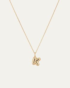 The Bubble Monogram Necklace is a 14K gold pendant that glides along a 14K gold, diamond cut cable chain. Wear your initial around your neck and add personalization to your stack. Chain Stack, Bubble Letter Necklace, K Necklace, Gold Bubbles, Bubble Letter, Ring Making, Bar Studs, Bubble Letters, Monogram Necklace