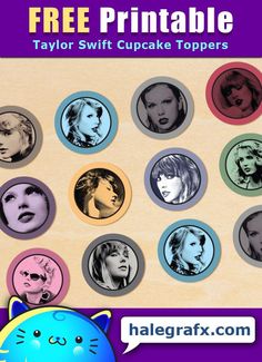 a bunch of buttons that are on top of a wooden board with the caption free printable taylor swift cupcake toppers