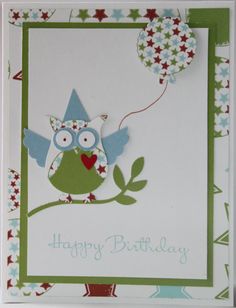 a birthday card with an owl sitting on a branch holding a balloon and the words happy birthday