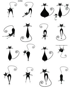 black and white silhouettes of cats with different shapes, sizes and colors on them