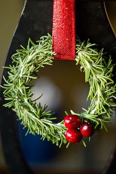 a christmas wreath hanging from the side of a toilet seat with red ribbon on it