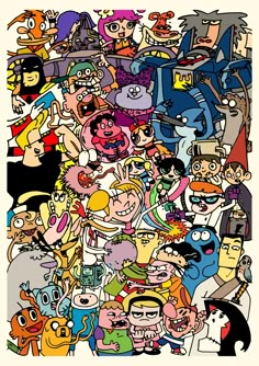 a large group of cartoon characters all grouped together in the same square shape with different colors and sizes