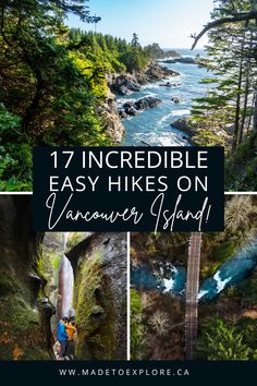 the ocean and trees with text overlay that reads 17 incredible easy hikes on vancouver island