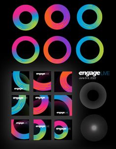 an array of different colored circles on a black background with the words engage live written below them