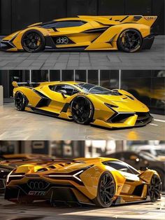 the yellow sports car is shown in three different views, and it appears to have been painted