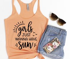 "Girls Just Wanna Have Sun Tank Top, Beach Vacation Tank, Beach Bachelorette Tank Tops, Best Friend Vacation, Girls Trip Tanks, Swim Tank *Made to Order* All of our shirts are made to order with the sizes, colors and image specifications selected at the time your order is placed, and printed right here in the Dallas, Texas area, USA! Unless otherwise specified, our graphic tees are printed (not vinyl). We use a state of the art Direct to Garment printer which uses Eco-friendly water-based inks, Girls Just Wanna Have Sun, Bachelorette Tanks, Friend Vacation, Swim Tank, Beach Bachelorette, Fiesta Baby Shower, Bella Canvas Tees, Beach Tops, Heather White