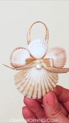 a hand holding a seashell with a bow on it