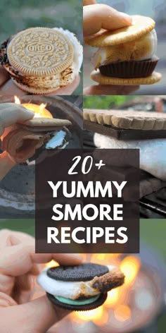 the words 20 yummy s'more recipes are in front of an image of some cookies