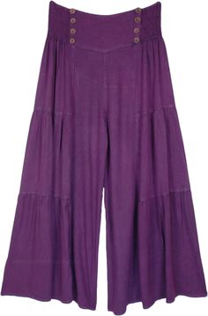 A relaxed pair of long and wide-legged deep purple palazzo pants for any reason.  These soft rayon pants feature a shirred elastic waistband with buttons highlighted at the front; the pants are so soft and comfortable that you can wear them all day. #tlb #SplitSkirtsPants #Stonewash #vacationclothing #bohemianfashion #Widelegpalazzopants #skirtlikelongpants #hippiepalazzopants Purple Wide Leg Pants For Spring, Purple Wide Leg Full Length Pants For Summer, Bohemian Wide Leg Solid Color Bottoms, Bohemian Solid Wide Leg Bottoms, Bohemian Wide Leg Solid Bottoms, Summer Purple Wide Leg Pants, Purple Cotton Wide Leg Pants For Summer, Purple Cotton Wide Leg Pants For Spring, Summer Purple Cotton Wide Leg Pants