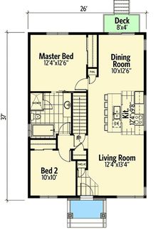 the floor plan for a small house with two bedroom and an attached garage area,