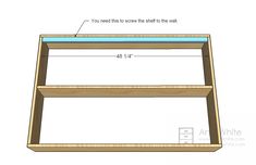 an open shelf with measurements for the bottom and side shelves on it, showing how to build