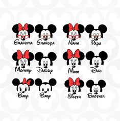 mickey and minnie mouse faces with the names of each disney character in their respective family