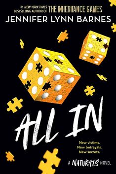 a book cover for all in with two dices flying out of the top one