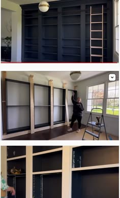 two pictures showing the same room with different shelves and ladders on each side, one is