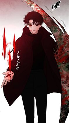 an anime character holding two knives in one hand and wearing a black outfit with red paint on