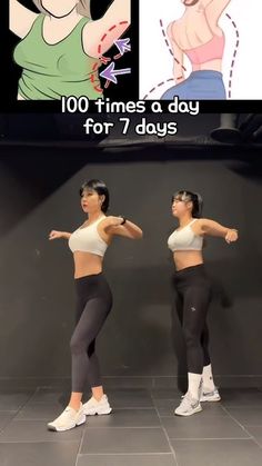 two women are doing different poses in front of a tv screen with the caption 10 times a day for 7 days