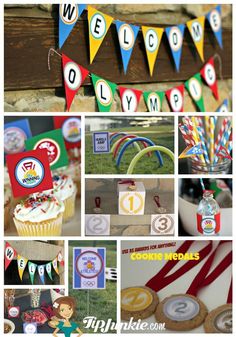 a collage of photos with some food and decorations on it, including cupcakes