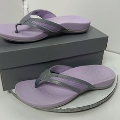 Vionic Flip Flops Sandals Thong Tonya Purple Gray Womens Sz 11 Vacation Sandals With Cushioned Footbed In Purple, Purple Sandals With Cushioned Footbed, Purple Slip-on Beach Sandals, Purple Synthetic Sandals With Cushioned Footbed, Purple Open Toe Flip Flops For Vacation, Adjustable Purple Sandals For Beach, Lavender Round Toe Beach Sandals, Lavender Round Toe Sandals For Beach, Comfortable Purple Sandals With Cushioned Footbed